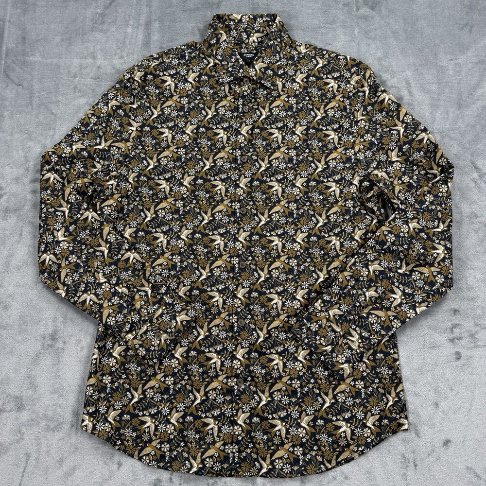 Express Button Up Mens Medium Bird Floral Print Navy Gold Stretch Cotton NWT
